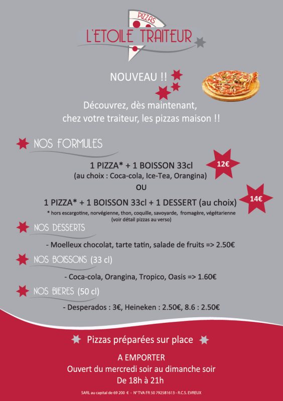 Carte pizzas - tarifs 2018 2019